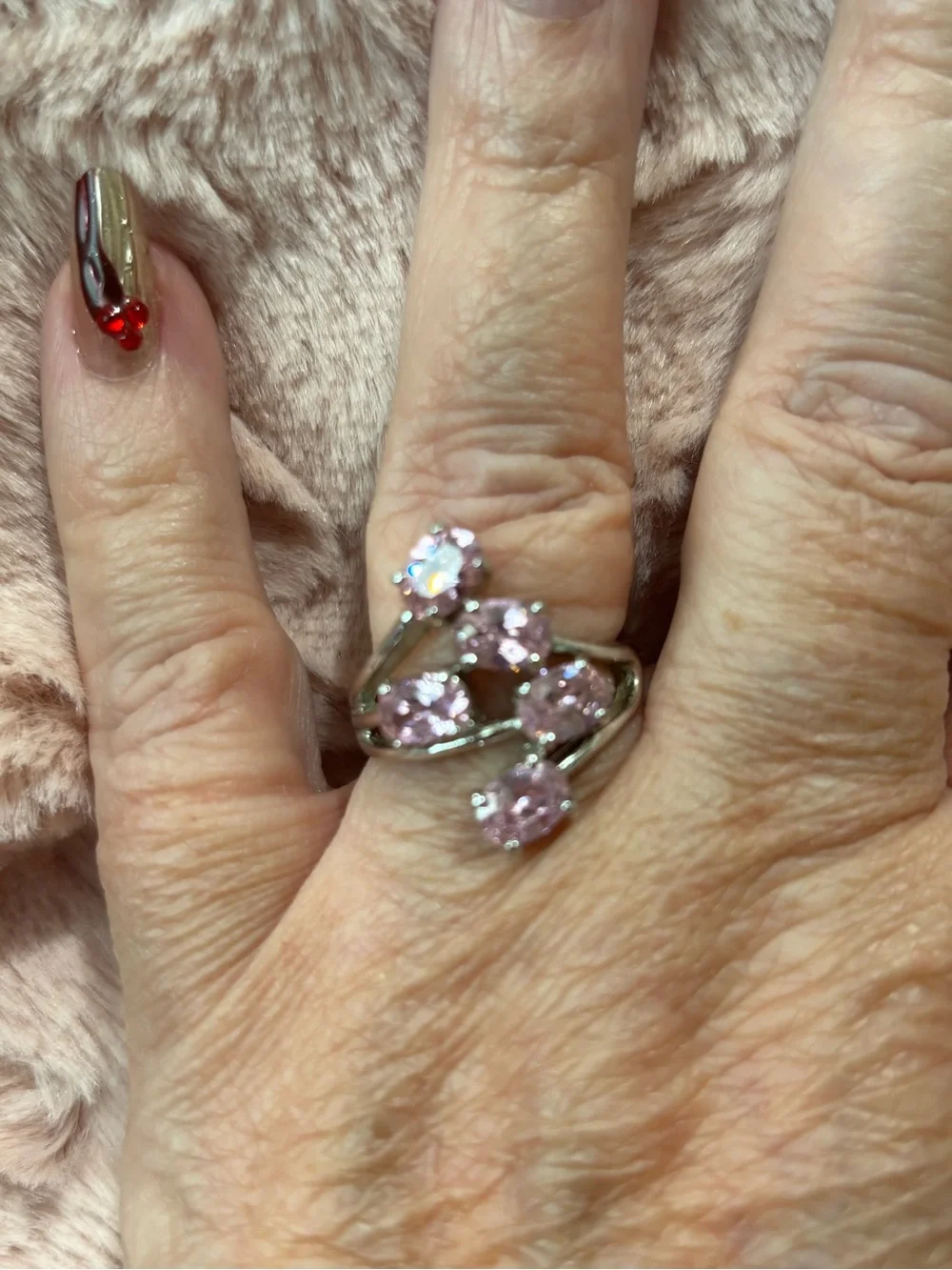 Pink Stone Multi-Crystal silvertone Ring
